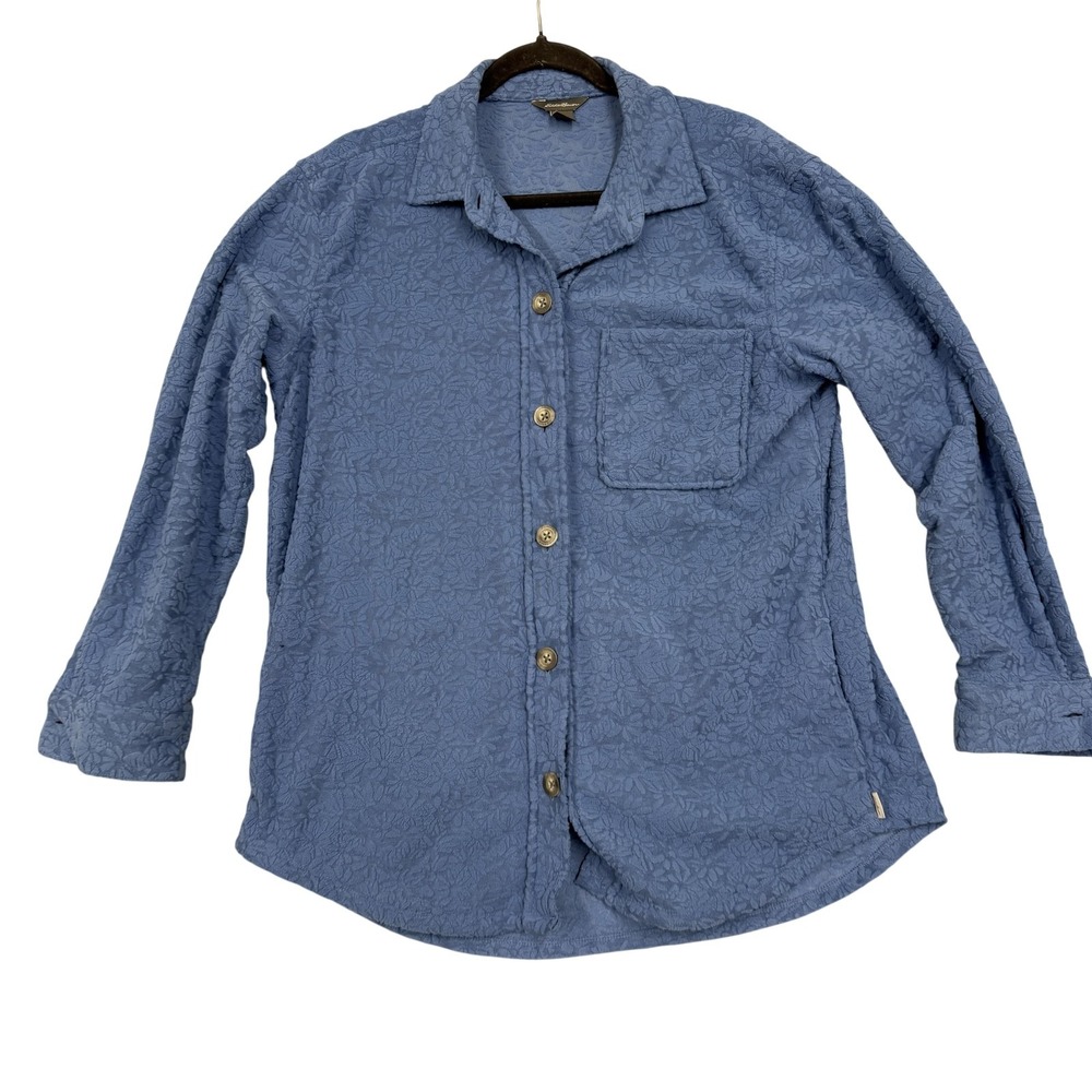 Eddie Bauer Shirt‎ Womens Small Blue Textured Floral Button Front Long Sleeve